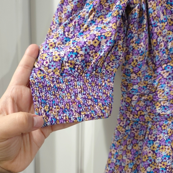 Zara Purple Blue Yellow Floral Puff Smocked Sleeve Sundress Mini, Deep Vneck, S - Picture 7 of 16